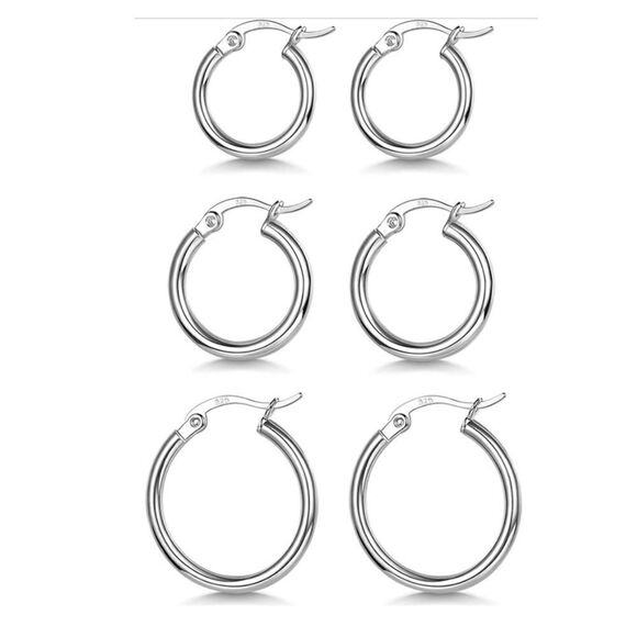 NEW 3 Pairs of 925 Sterling Silver Hoop Earrings - Picture 1 of 9